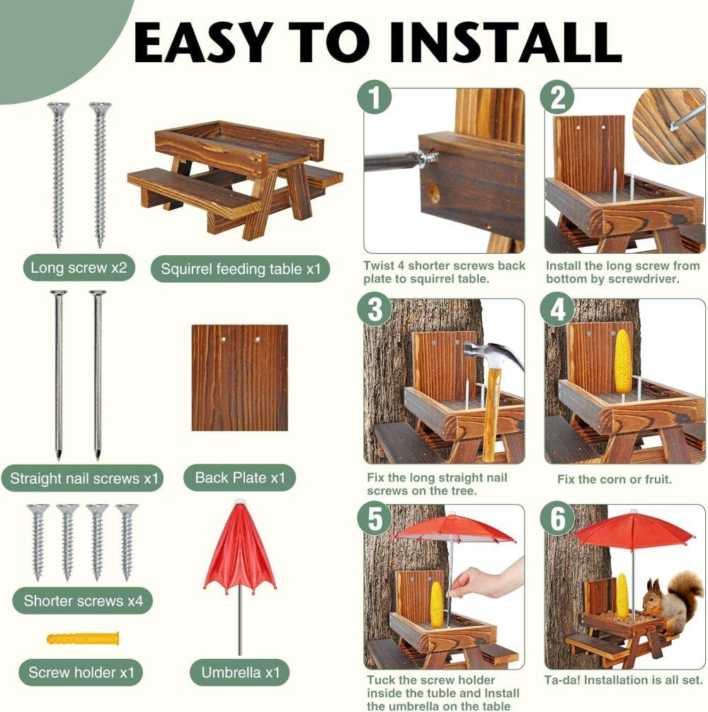 Wooden Squirrel Feeder with Parasol and Picnic Table, Outdoor Squirrel Table Set, Robust and Reliable - Image 8