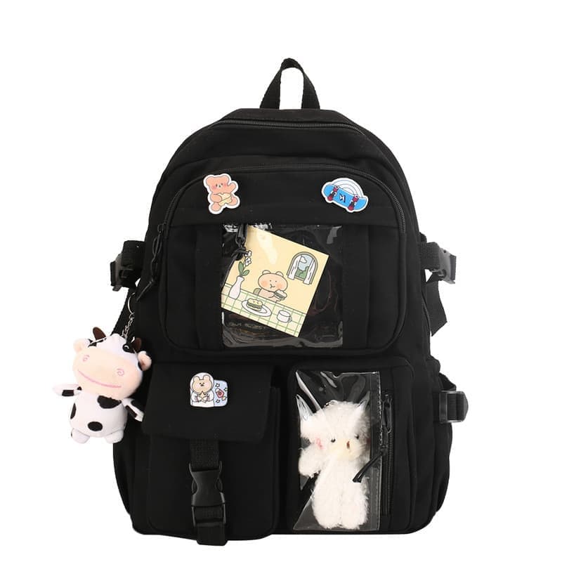 Girls School Backpack Waterproof with Accessories and Plush Pendant, Black, Ideal for School and Travel - Image 1