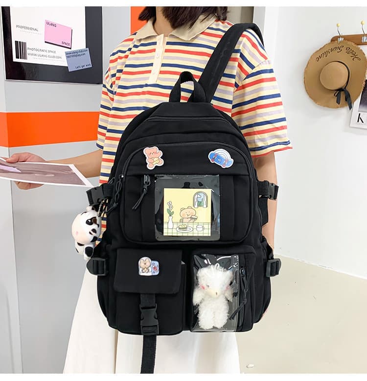 Girls School Backpack Waterproof with Accessories and Plush Pendant, Black, Ideal for School and Travel - Image 2
