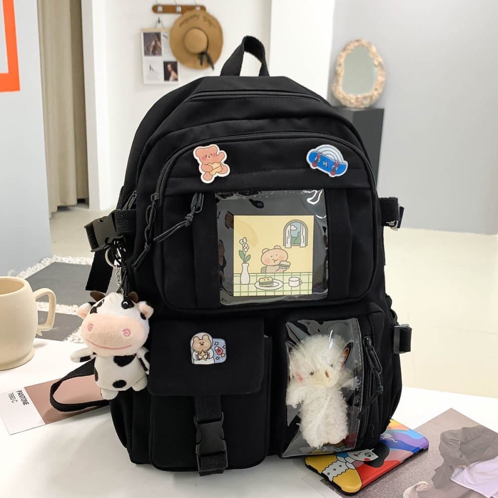 Girls School Backpack Waterproof with Accessories and Plush Pendant, Black, Ideal for School and Travel - Image 3