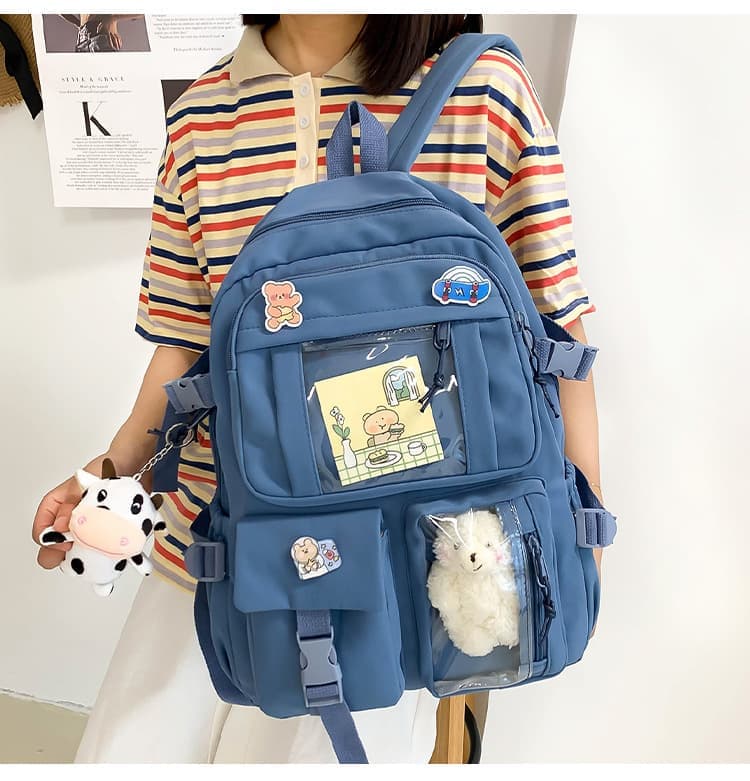 Blue Cute School Backpack for Girls Waterproof with Accessories and Plush Pendant, Ideal for School and Travel - Image 2