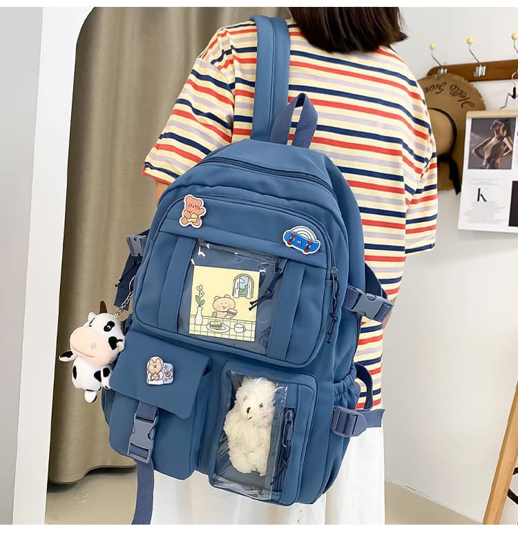 Blue Cute School Backpack for Girls Waterproof with Accessories and Plush Pendant, Ideal for School and Travel - Image 3