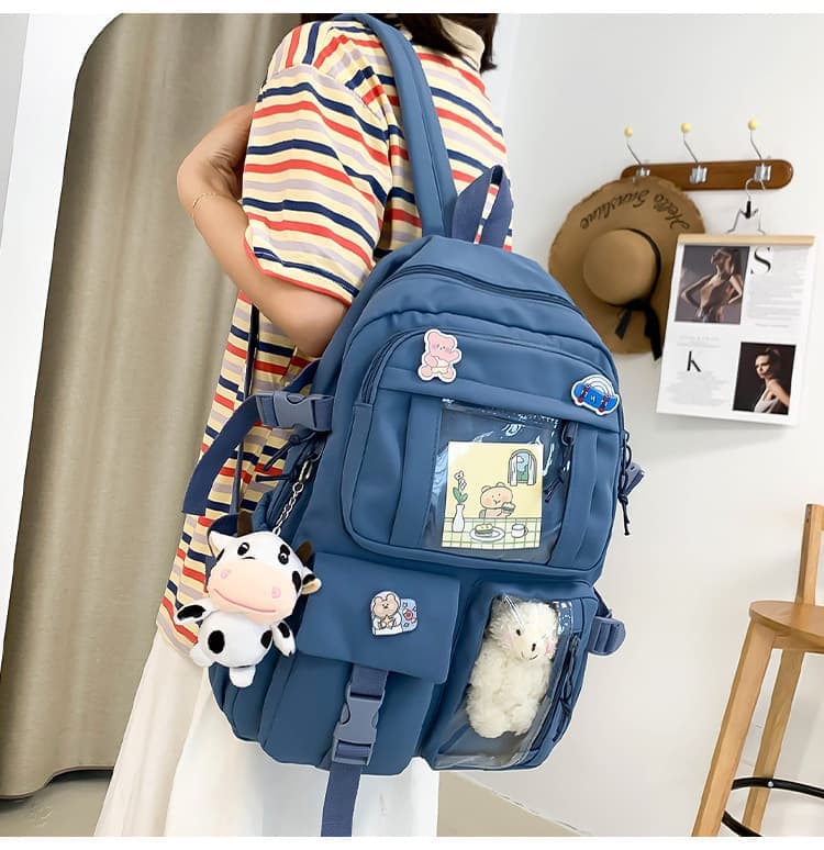 Blue Cute School Backpack for Girls Waterproof with Accessories and Plush Pendant, Ideal for School and Travel - Image 4