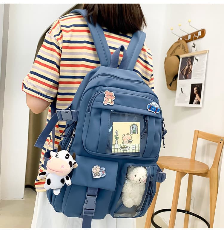 Blue Cute School Backpack for Girls Waterproof with Accessories and Plush Pendant, Ideal for School and Travel - Image 5