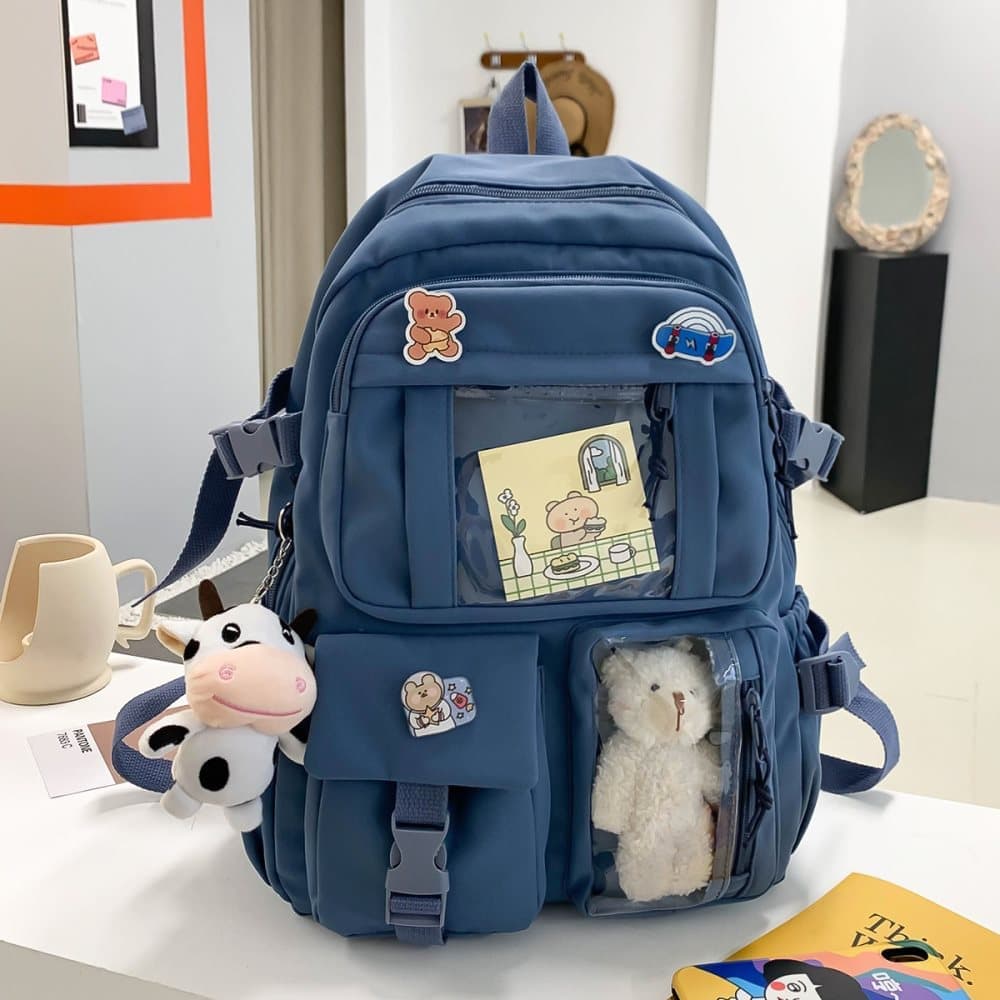 Blue Cute School Backpack for Girls Waterproof with Accessories and Plush Pendant, Ideal for School and Travel - Image 6