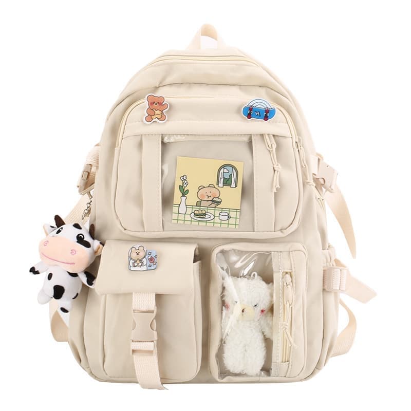 Cute Waterproof School Backpack for Girls with Accessories and Plush Pendant, Ideal for School and Travel, Beige - Image 1