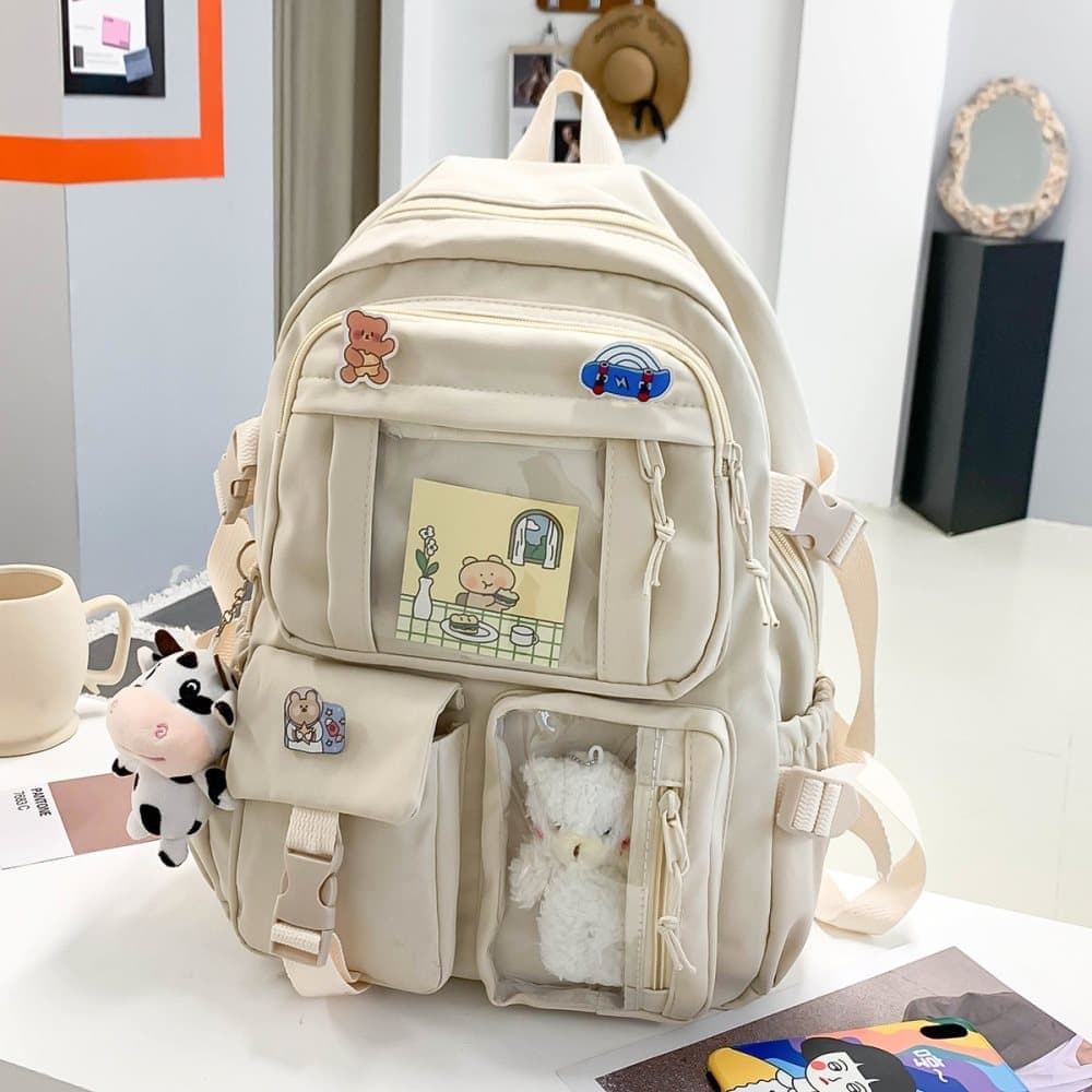 Cute Waterproof School Backpack for Girls with Accessories and Plush Pendant, Ideal for School and Travel, Beige - Image 2