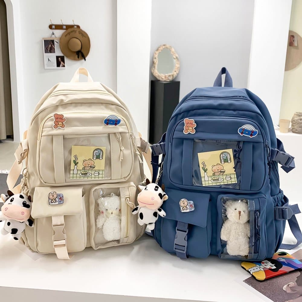 Cute Waterproof School Backpack for Girls with Accessories and Plush Pendant, Ideal for School and Travel, Beige - Image 3