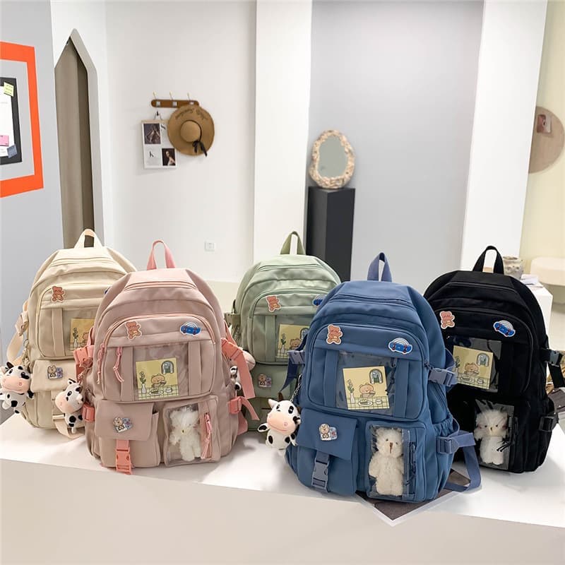 Cute Waterproof School Backpack for Girls with Accessories and Plush Pendant, Ideal for School and Travel, Beige - Image 5