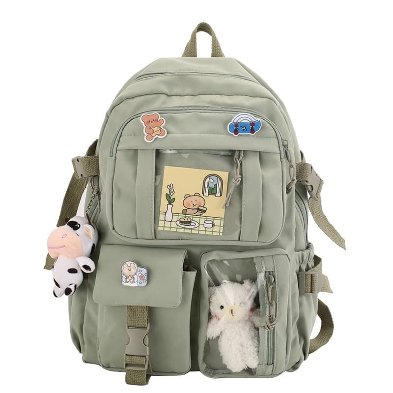 School Backpack Cute Waterproof for Girls with Accessories and Plush Pendant, Green - Image 1