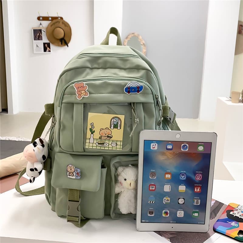School Backpack Cute Waterproof for Girls with Accessories and Plush Pendant, Green - Image 2