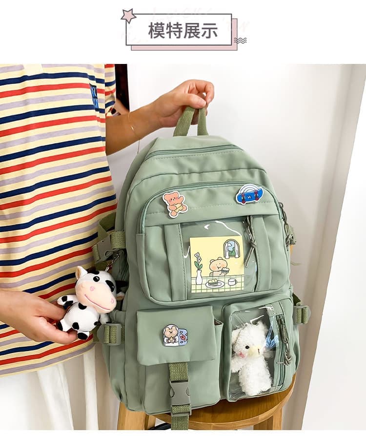 School Backpack Cute Waterproof for Girls with Accessories and Plush Pendant, Green - Image 3