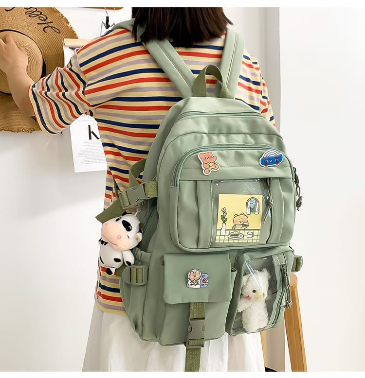 School Backpack Cute Waterproof for Girls with Accessories and Plush Pendant, Green - Image 4
