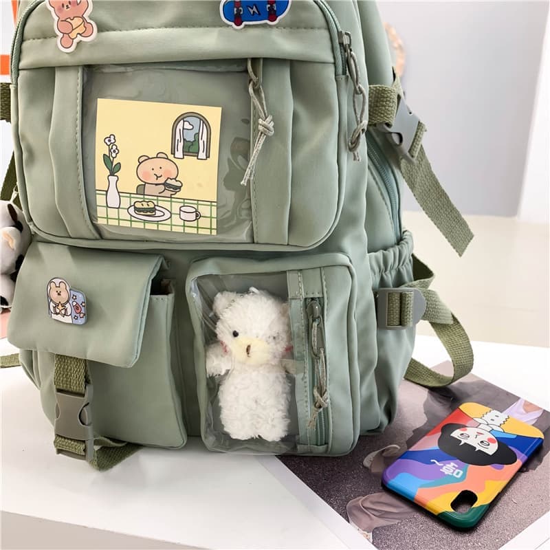 School Backpack Cute Waterproof for Girls with Accessories and Plush Pendant, Green - Image 8