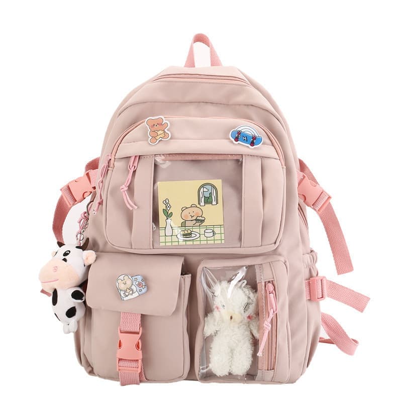 Girls Waterproof School Backpack with Accessories and Plush Pendant, Ideal for School and Travel, Pink - Image 1