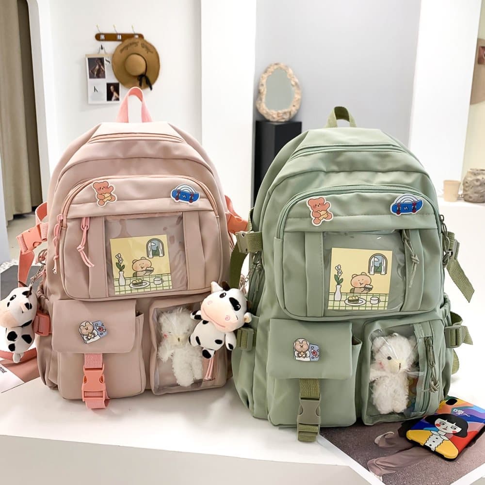 Girls Waterproof School Backpack with Accessories and Plush Pendant, Ideal for School and Travel, Pink - Image 2