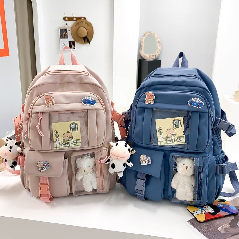 Girls Waterproof School Backpack with Accessories and Plush Pendant, Ideal for School and Travel, Pink - Image 3