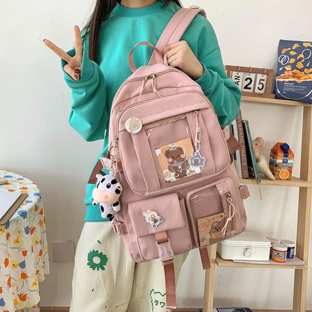 Girls Waterproof School Backpack with Accessories and Plush Pendant, Ideal for School and Travel, Pink - Image 5