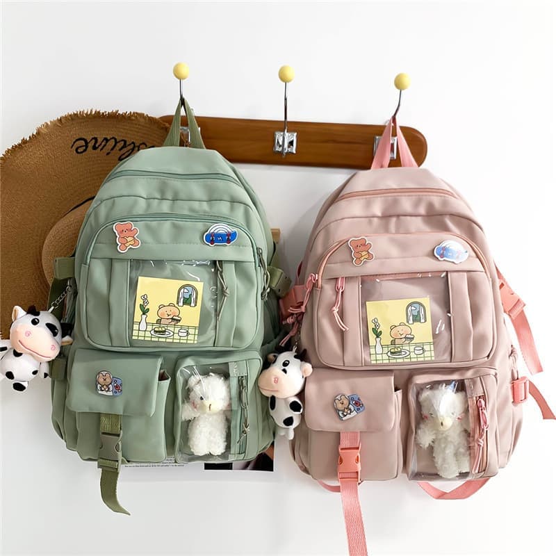 Girls Waterproof School Backpack with Accessories and Plush Pendant, Ideal for School and Travel, Pink - Image 6