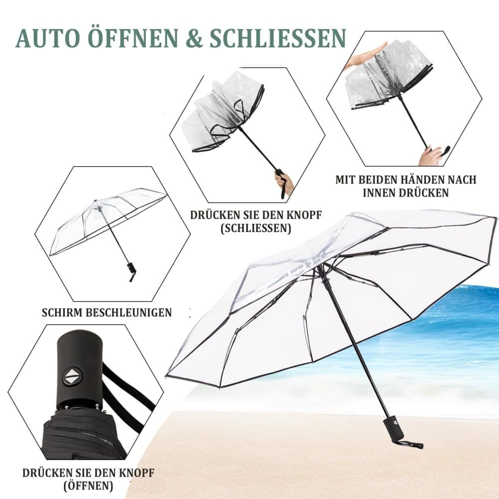9 Fiberglass Ribs Automatic Folding Transparent Umbrella, Waterproof Lightweight Travel Rain, Black - Image 2
