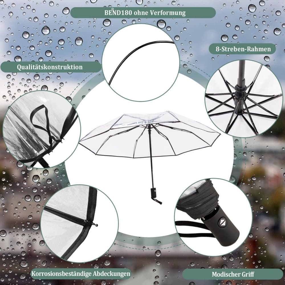 Automatic Folding Transparent Umbrella with 9 Fiberglass Ribs, Waterproof Lightweight Travel Rain Umbrella, White - Image 3