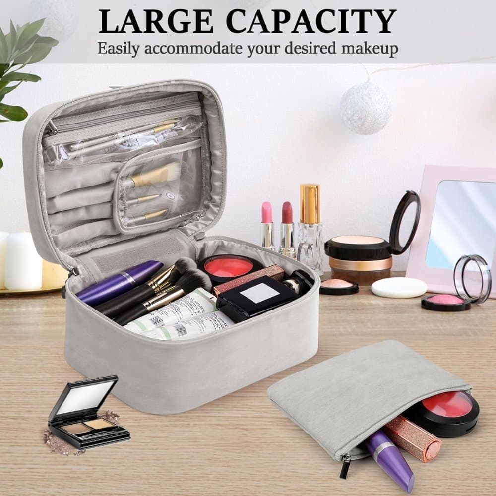 2-in-1 Makeup and Toiletry Bag with Handle, Gray - Image 2