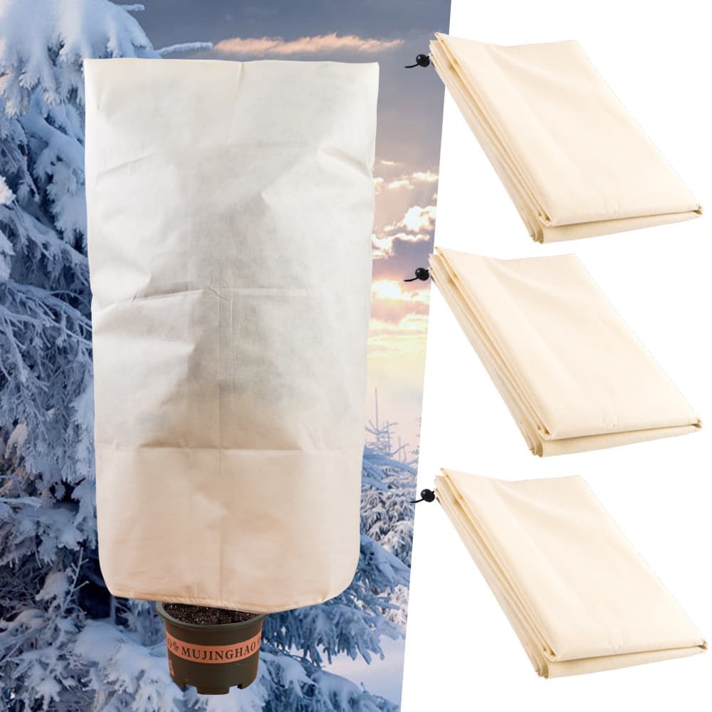 3-Pack Winter Plant Protection Frost Cover with Drawstring, Reusable Durable for Outdoor Plants Fruit Trees Potted Plants, 80x120cm, Beige - Image 1