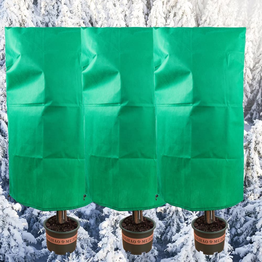 3-Pack Winter Plant Protection Frost Cover with Drawstring, Reusable Durable for Outdoor Plants Fruit Trees Potted Plants, 100x150cm, Green - Image 1