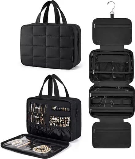 1 Piece Hanging Travel Makeup Bag with Jewelry Compartment for Women, 28×12×20 cm, Black - Image 1