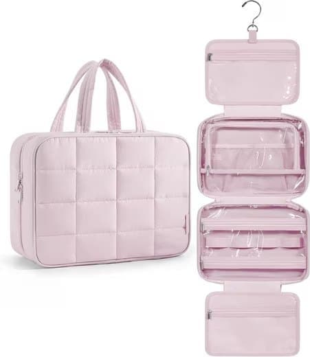 Hanging Travel Makeup Bag for Women with Jewelry Compartment, 31x12x23 cm, Pink - Image 1
