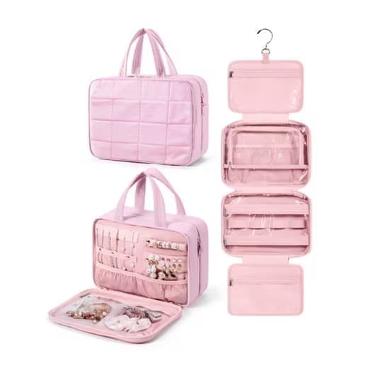 Hanging Travel Makeup Bag for Women with Jewelry Compartment, 31x12x23 cm, Pink - Image 2