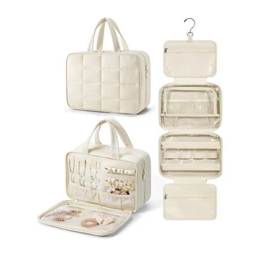 Hanging Travel Makeup Bag for Women with Jewelry Compartment, 28×12×20 cm, Beige - Image 2