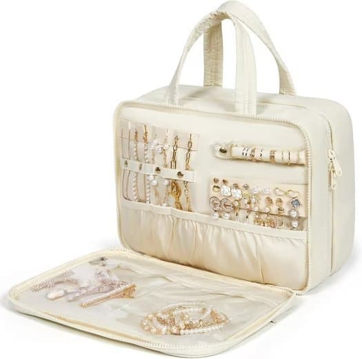 Travel Makeup Bag with Jewelry Compartment, Hanging Toiletry Organizer for Women, 31×12×23 cm, Beige - Image 1