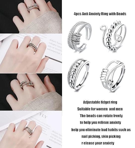 4pcs Fidget Spinner Rings for Women, Adjustable Anti-Stress Stackable Open Spinning Knuckle Rings, Stainless Steel - Image 2