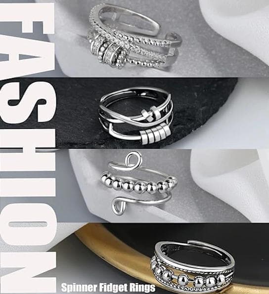 4pcs Fidget Spinner Rings for Women, Adjustable Anti-Stress Stackable Open Spinning Knuckle Rings, Stainless Steel - Image 5