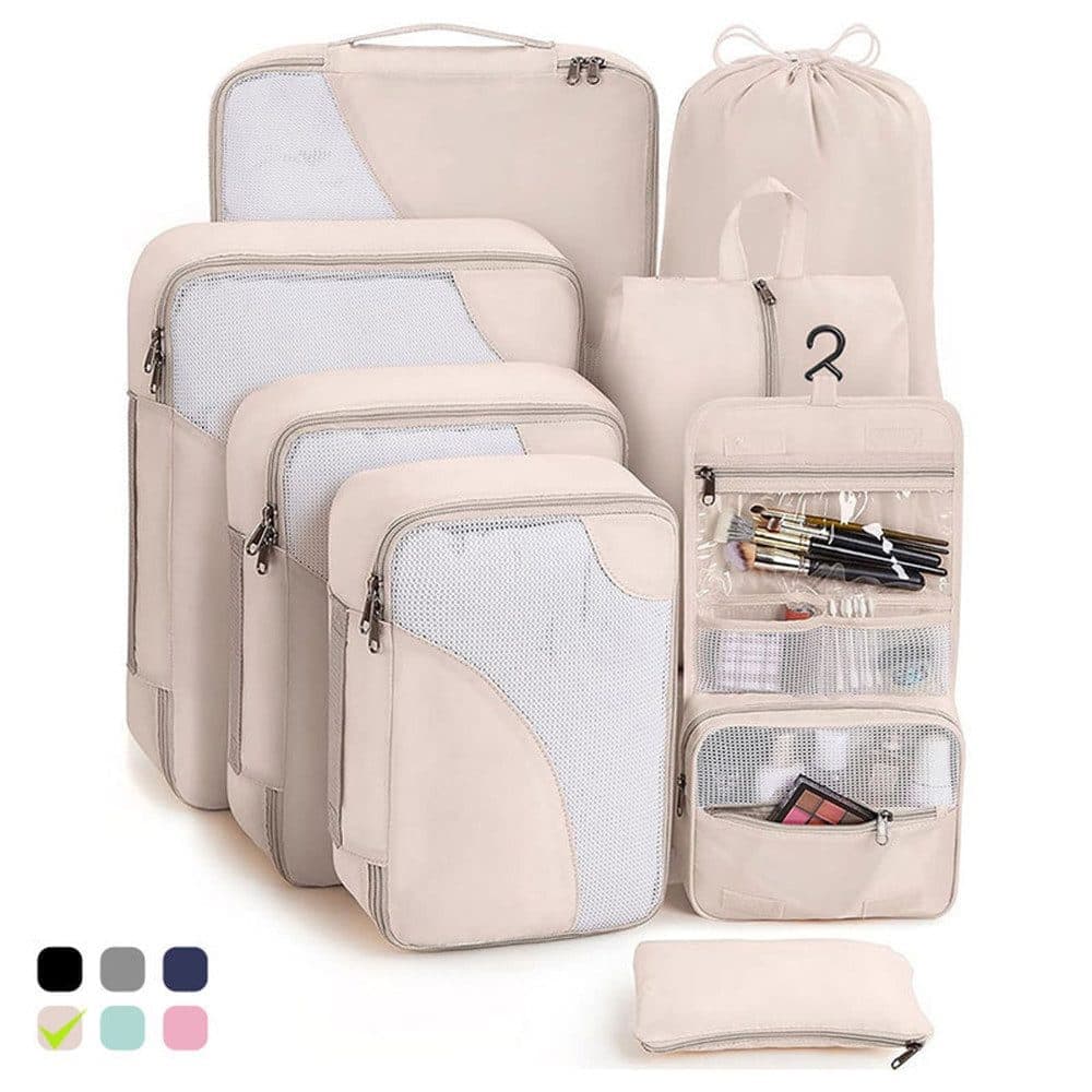 8-Piece Beige Suitcase Organizer Set with Durable Packing Cubes and Clothing Shoe Bags - Image 1