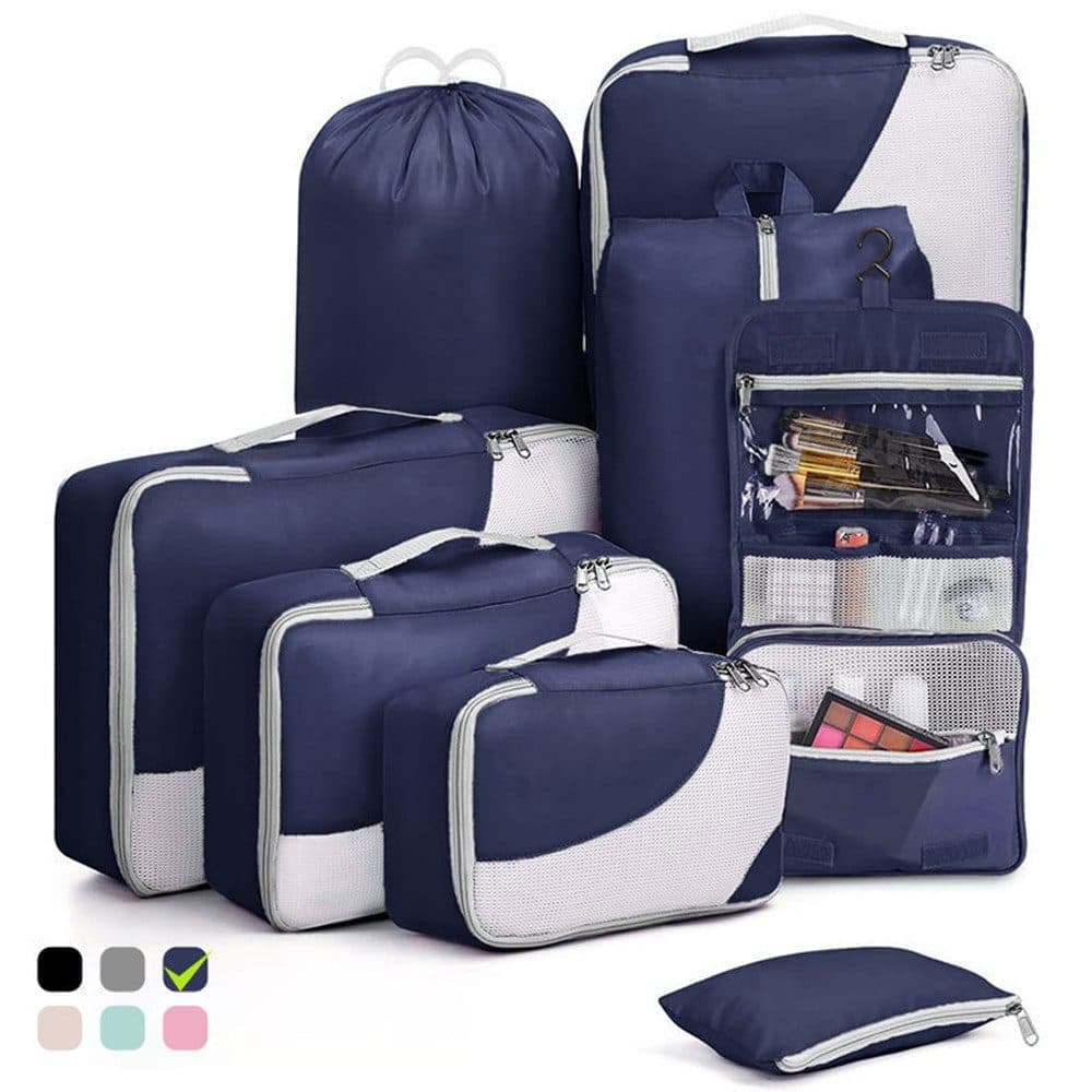 8-Piece Suitcase Organizer Set with Durable Packing Cubes and Shoe Bags, Dark Blue - Image 1