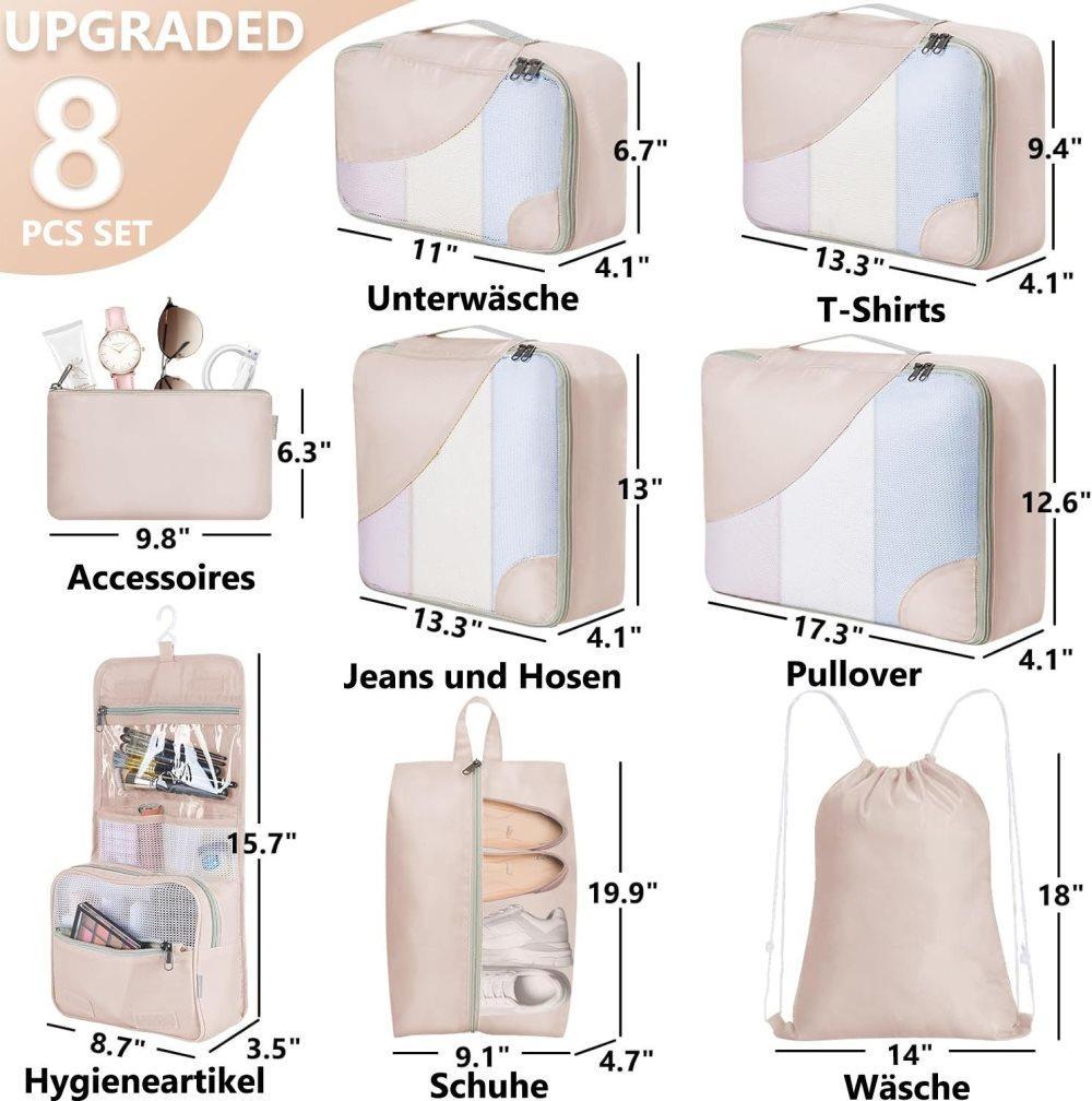 8-Piece Suitcase Organizer Set with Durable Packing Cubes and Shoe Bags, Dark Blue - Image 2