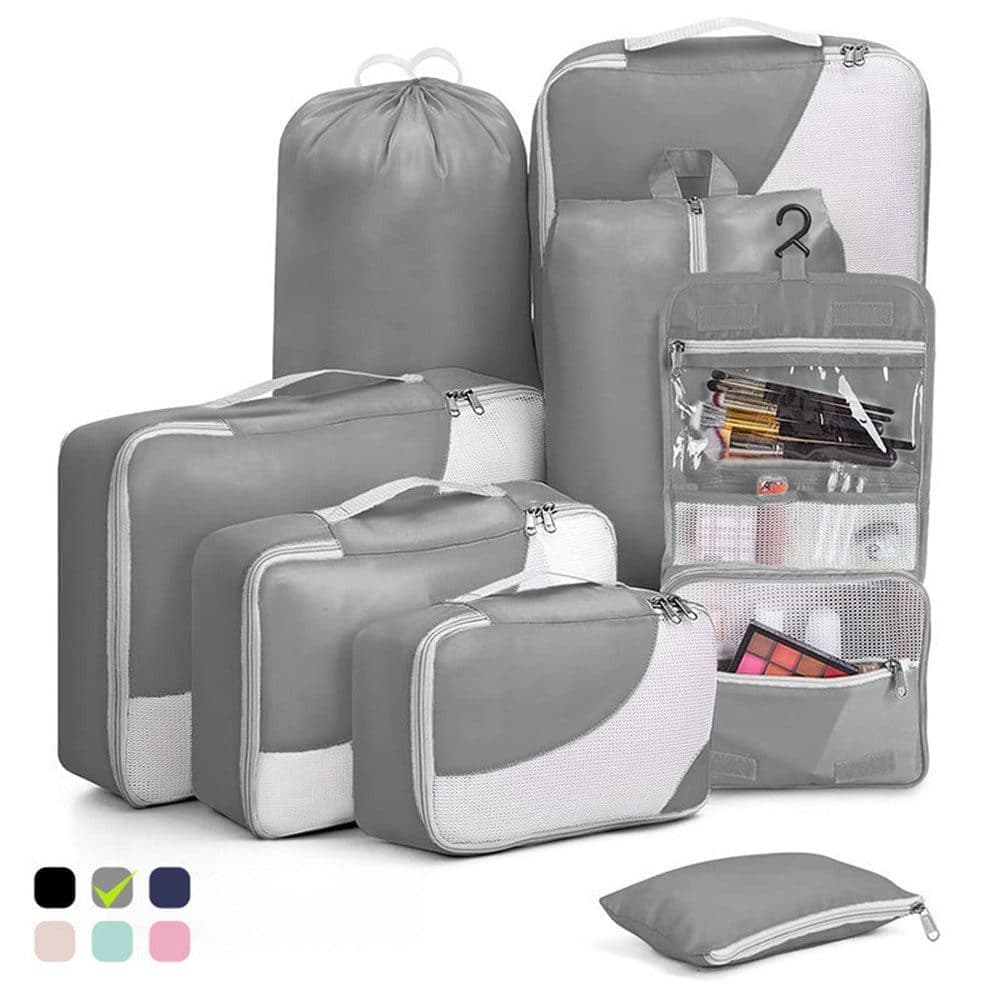 8-Piece Suitcase Organizer Set with Packing Cubes and Shoe Bags, Gray - Image 1
