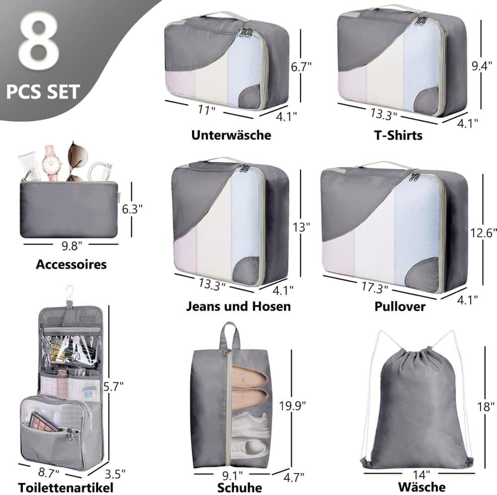 8-Piece Suitcase Organizer Set with Packing Cubes and Shoe Bags, Gray - Image 2