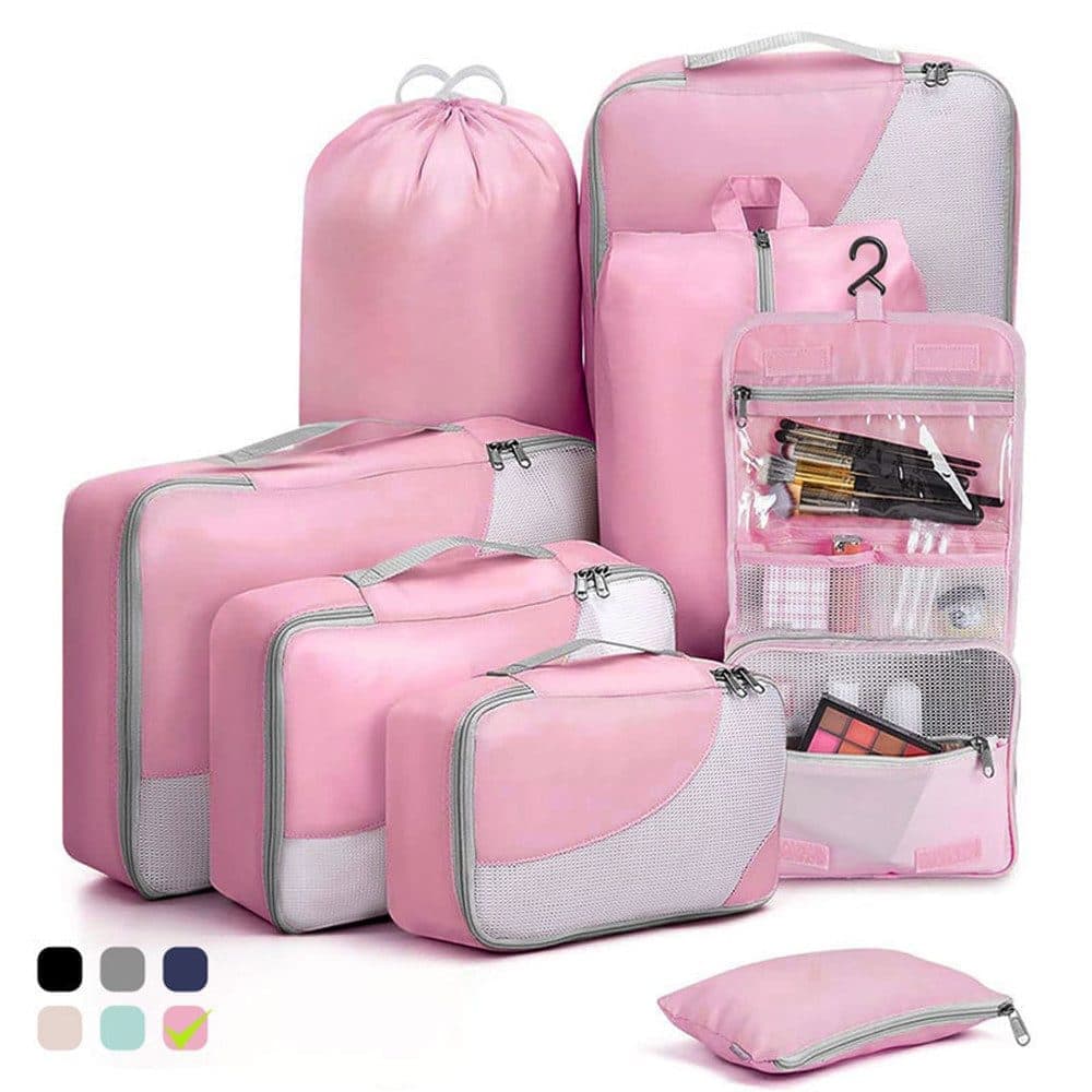8-Piece Suitcase Organizer Set with Durable Packing Cubes and Clothing Shoe Bags, Pink - Image 1