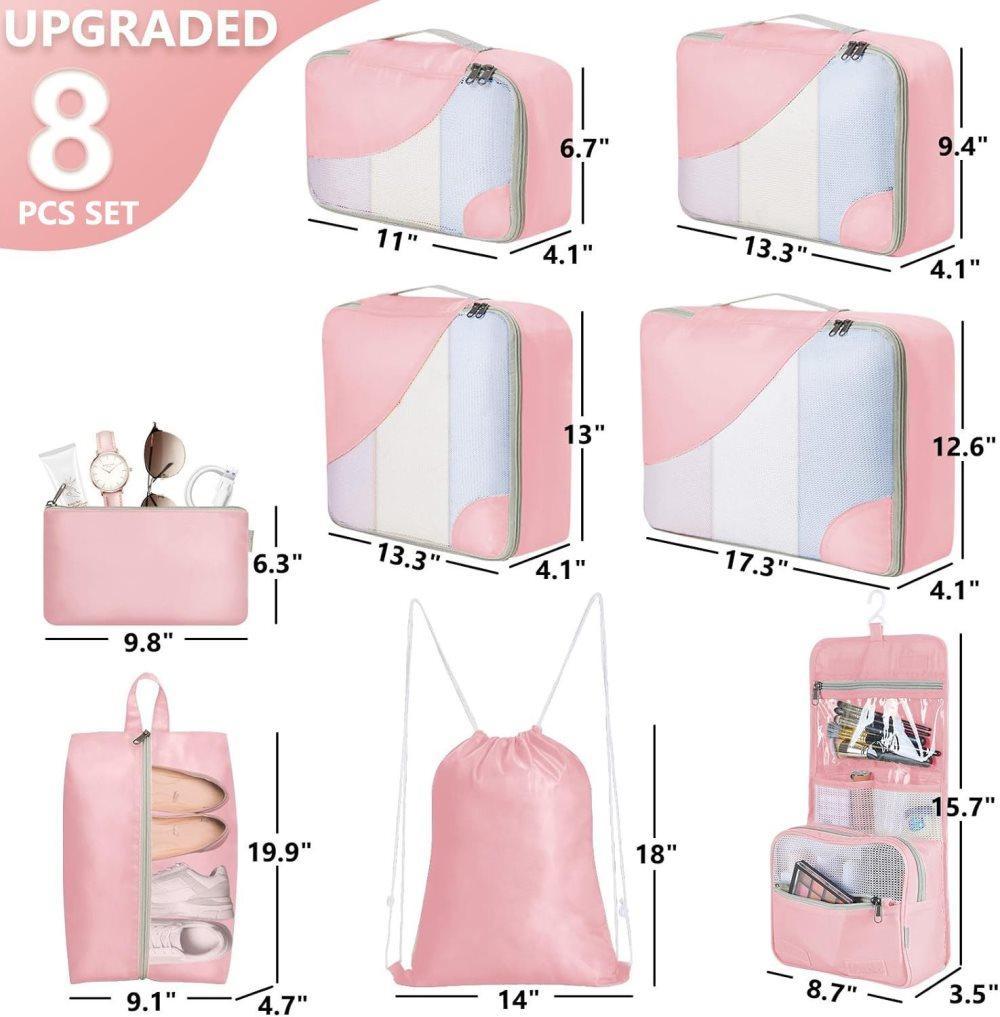 8-Piece Suitcase Organizer Set with Durable Packing Cubes and Clothing Shoe Bags, Pink - Image 2
