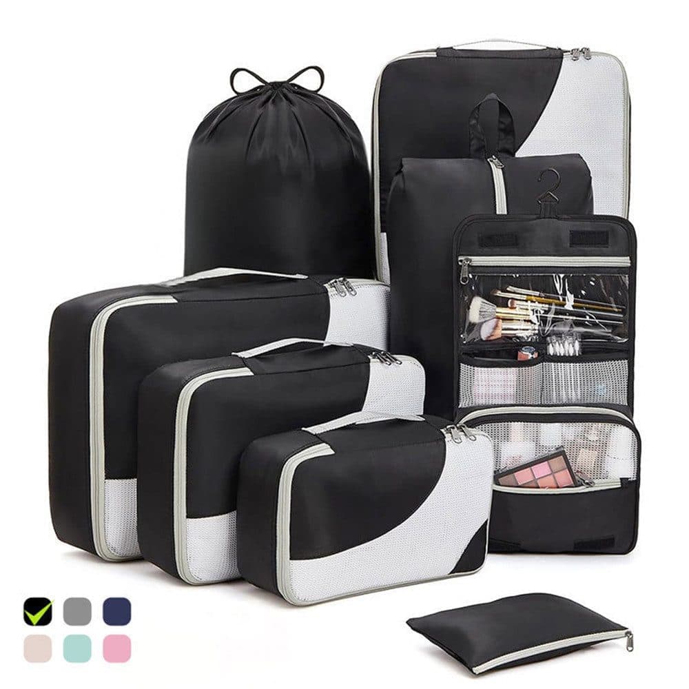 8-Piece Suitcase Organizer Set with Durable Packing Cubes and Clothing Shoe Bags, Black - Image 1