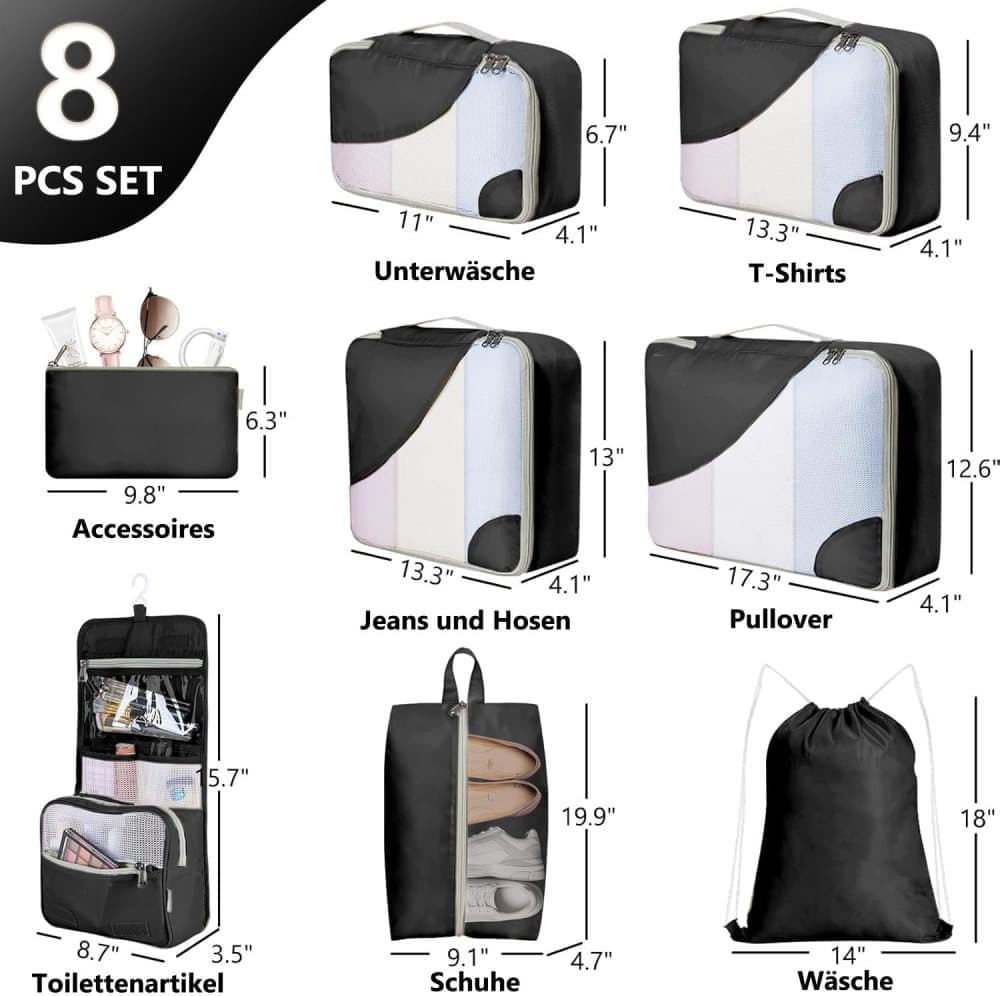8-Piece Suitcase Organizer Set with Durable Packing Cubes and Clothing Shoe Bags, Black - Image 2
