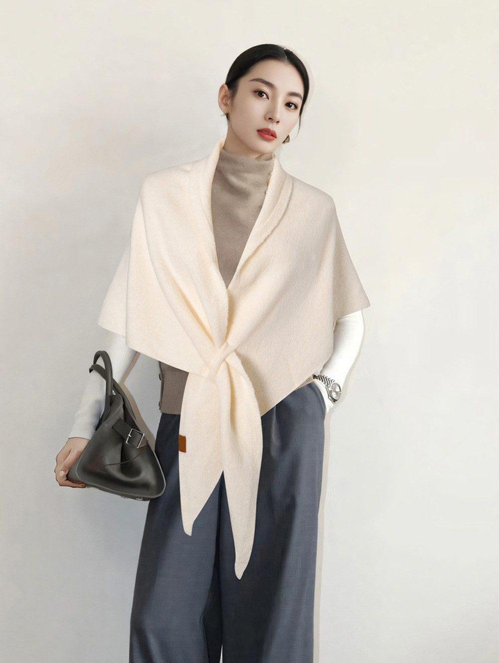 Women's Faux Cashmere Shawl Scarf Warm Extra-Long Large Triangular Wrap, 180 x 70 cm, White, Ideal for Party Wedding Evening Outfits - Image 2
