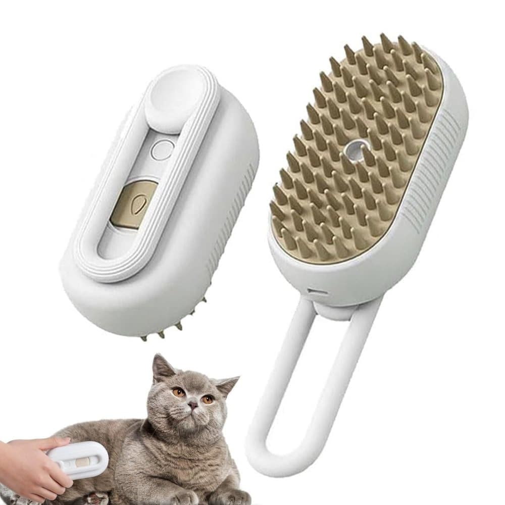 Pet Steam Brush with Spray and Massage Comb for Cats and Dogs, White - Image 1