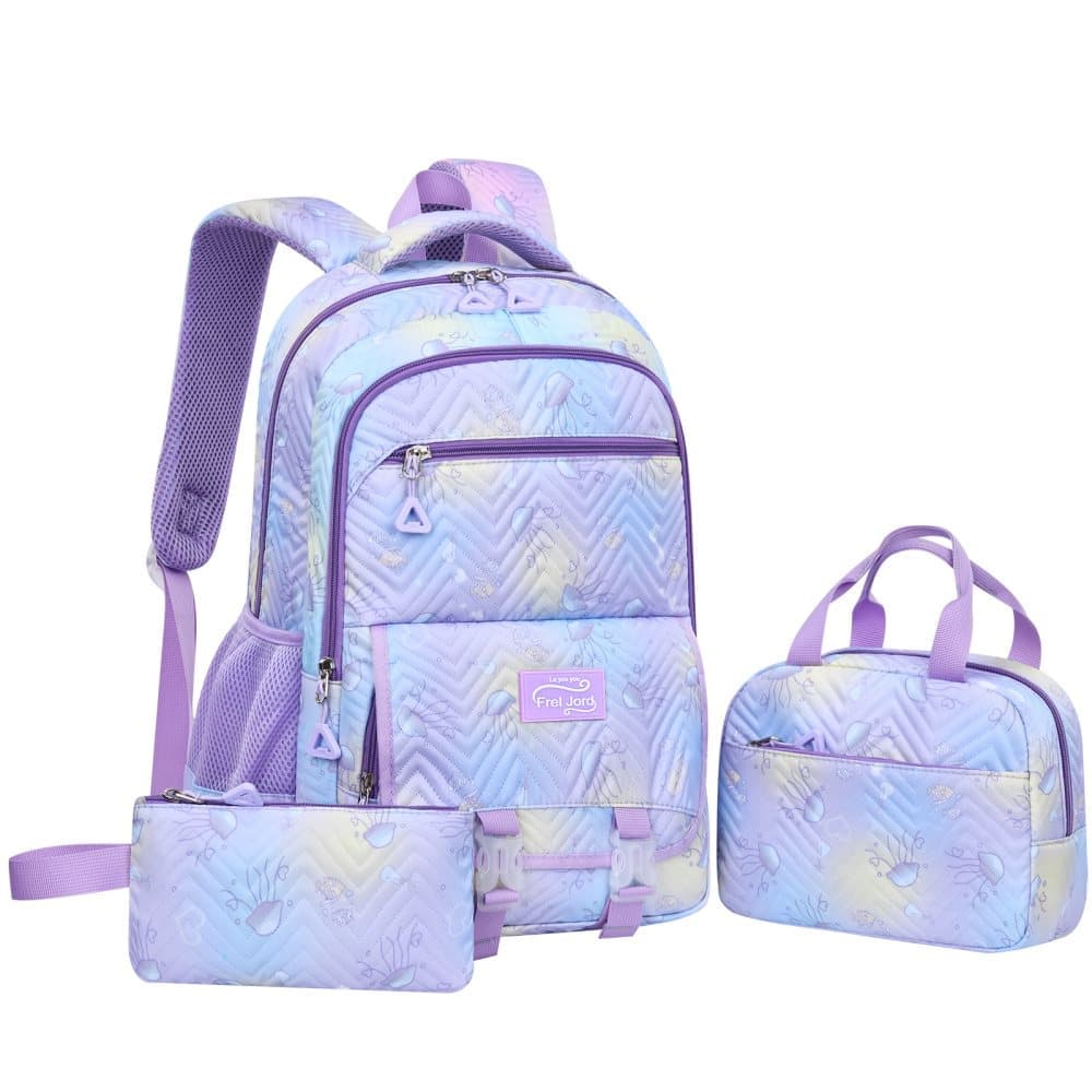 3-Piece Girls Backpack Set with Pencil Case and Lunch Bag, Purple, for Elementary & Teenage Students - Image 1