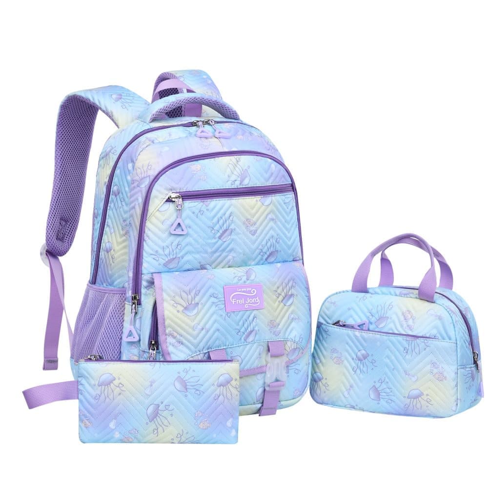 3-Piece Girls Backpack Set with Pencil Case and Lunch Bag, Blue, for Elementary & Teenage Students - Image 1