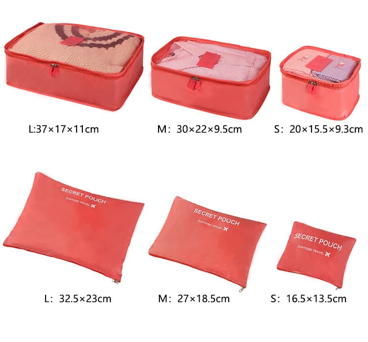 6-Piece Waterproof Travel Bag Set Luggage Organizer, Red - Image 7
