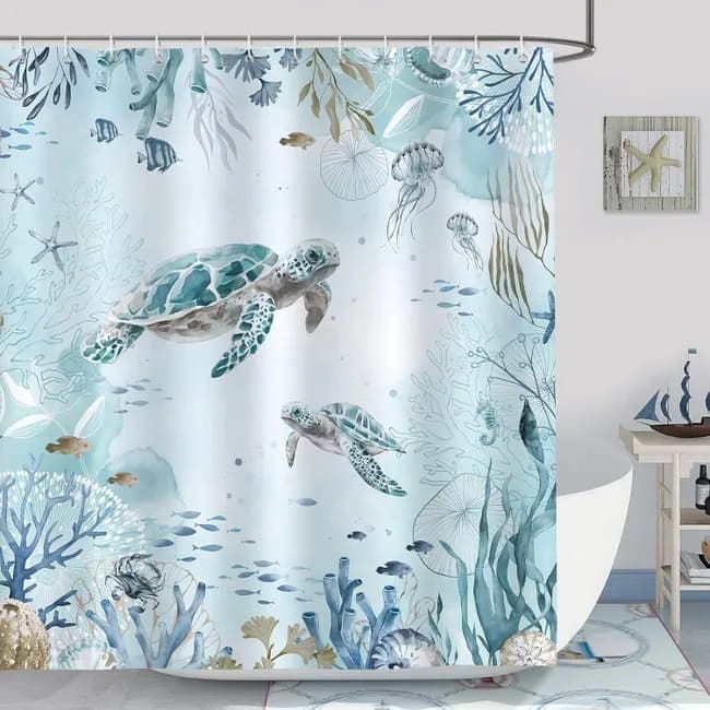 Waterproof Shower Curtain with Sea Turtle and Dolphin Motif, Mildew Resistant, Light Blue, 180x180cm - Image 1